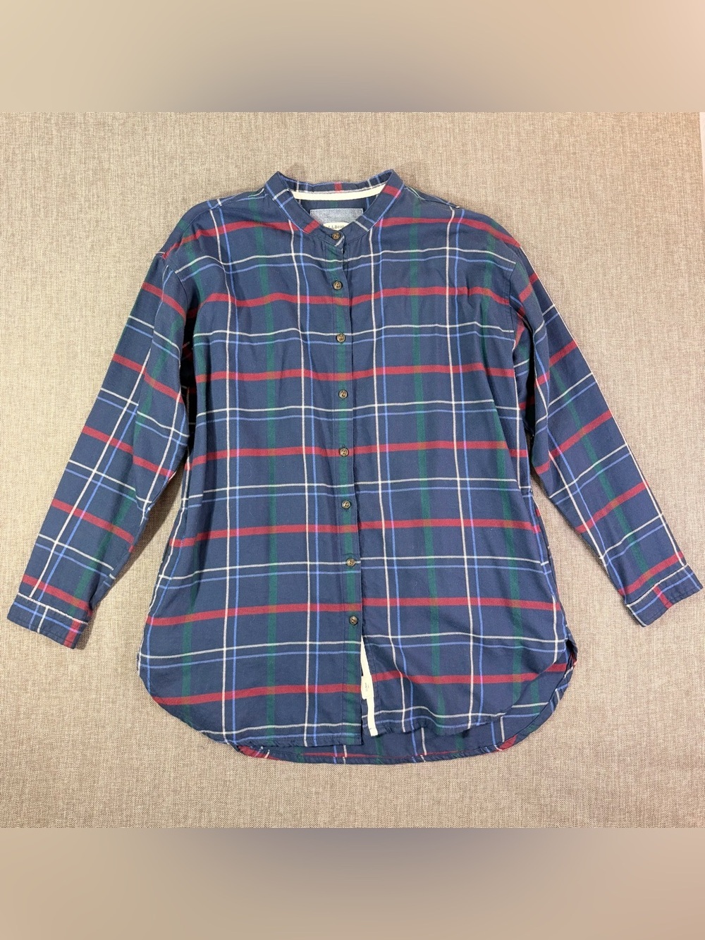 L.L. Bean Women’s Navy Plaid Band-Collar Shirt with Red & Green Stripes Size M